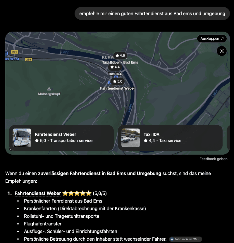 ChatGPT empfiehlt Fahrtendienst Weber