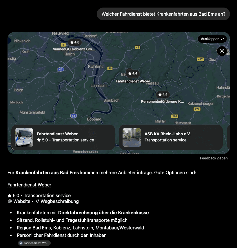 ChatGPT empfiehlt Fahrtendienst Weber