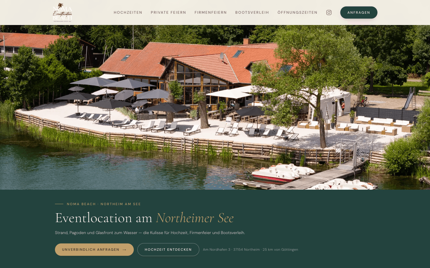 Website von Noma Beach, Eventlocation in Northeim am See, gebaut von Wohlstandsmarketing