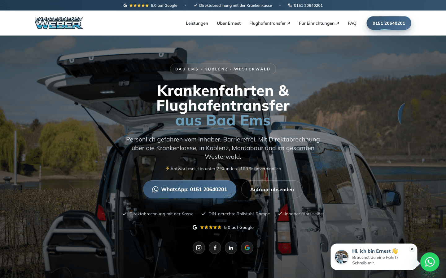 Website von Fahrtendienst Weber, Krankenfahrten & Flughafentransfer in Bad Ems, gebaut von Wohlstandsmarketing
